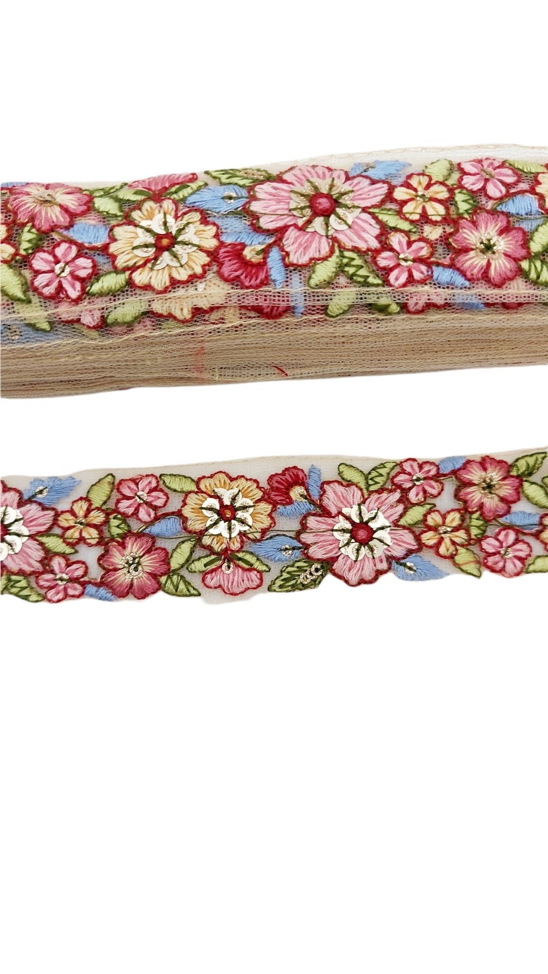 9 Yards Beige Net Lace Trim Floral Embroidered, Floral Sari Border, Decorative Trim