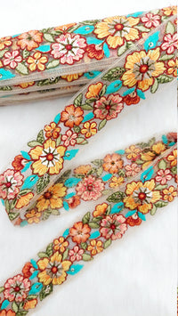 Thumbnail for 9 Yards Beige Net Lace Trim Floral Embroidered, Floral Sari Border, Decorative Trim