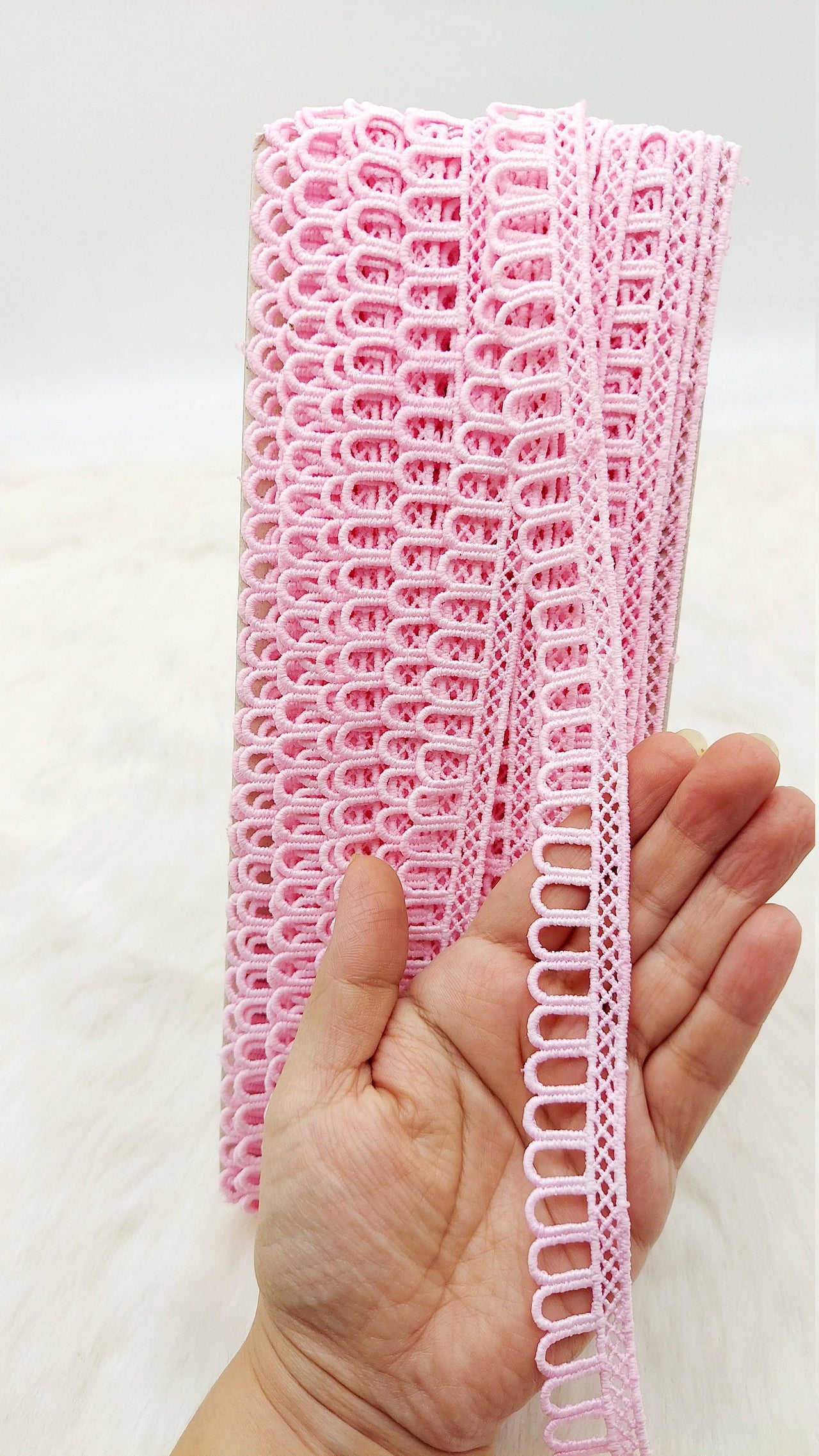 9 Yards Pink Embroidery Cotton Lace Trim, Approx. 20mm Wide, Fringe Trim
