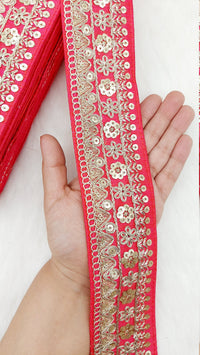 Thumbnail for Art Silk Fabric Trim With Gold Floral Embroidery, Floral Sequins Sari Border, Trim By 9 Yards