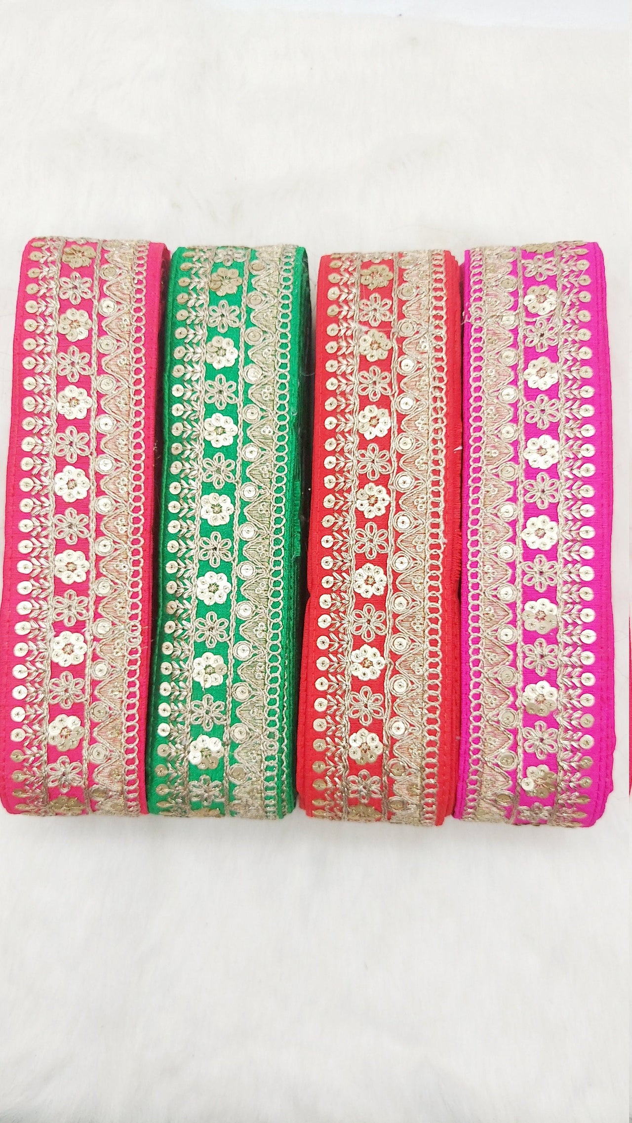 Art Silk Fabric Trim With Gold Floral Embroidery, Floral Sequins Sari Border, Trim By 9 Yards