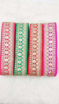 Thumbnail for Art Silk Fabric Trim With Gold Floral Embroidery, Floral Sequins Sari Border, Trim By 9 Yards