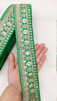 Thumbnail for Art Silk Fabric Trim With Gold Floral Embroidery, Floral Sequins Sari Border, Trim By 9 Yards