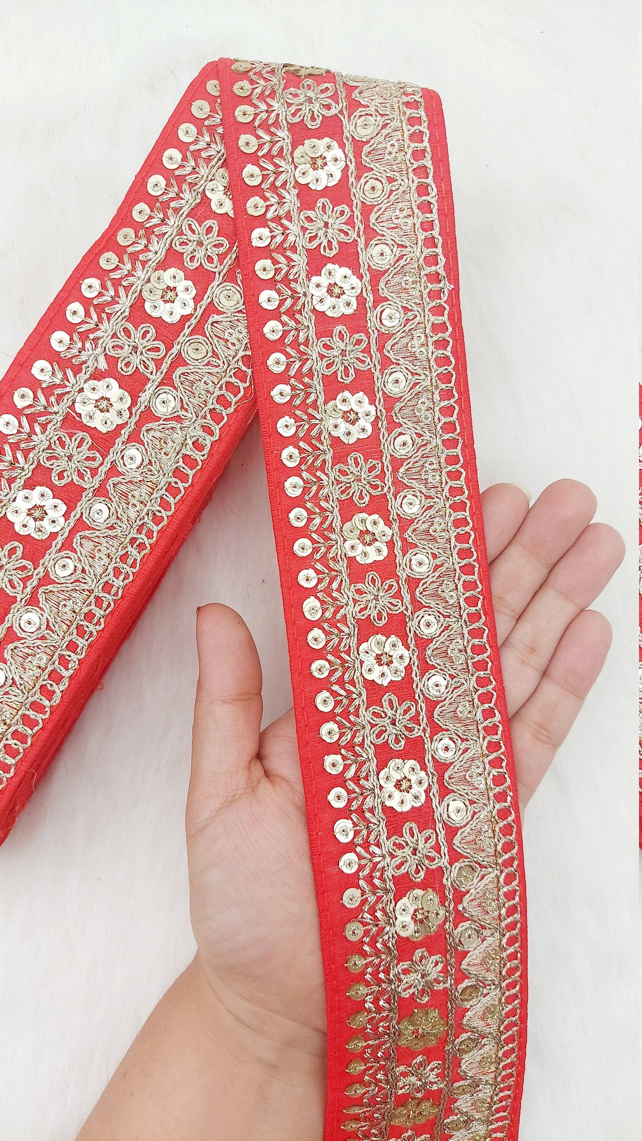 Art Silk Fabric Trim With Gold Floral Embroidery, Floral Sequins Sari Border, Trim By 9 Yards