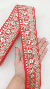 Thumbnail for Art Silk Fabric Trim With Gold Floral Embroidery, Floral Sequins Sari Border, Trim By 9 Yards