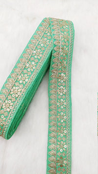 Thumbnail for Green Art Silk Fabric Trim With Gold Floral Embroidery, Floral Sequins Sari Border, Trim By 9 Yards