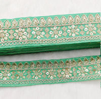 Thumbnail for Green Art Silk Fabric Trim With Gold Floral Embroidery, Floral Sequins Sari Border, Trim By 9 Yards