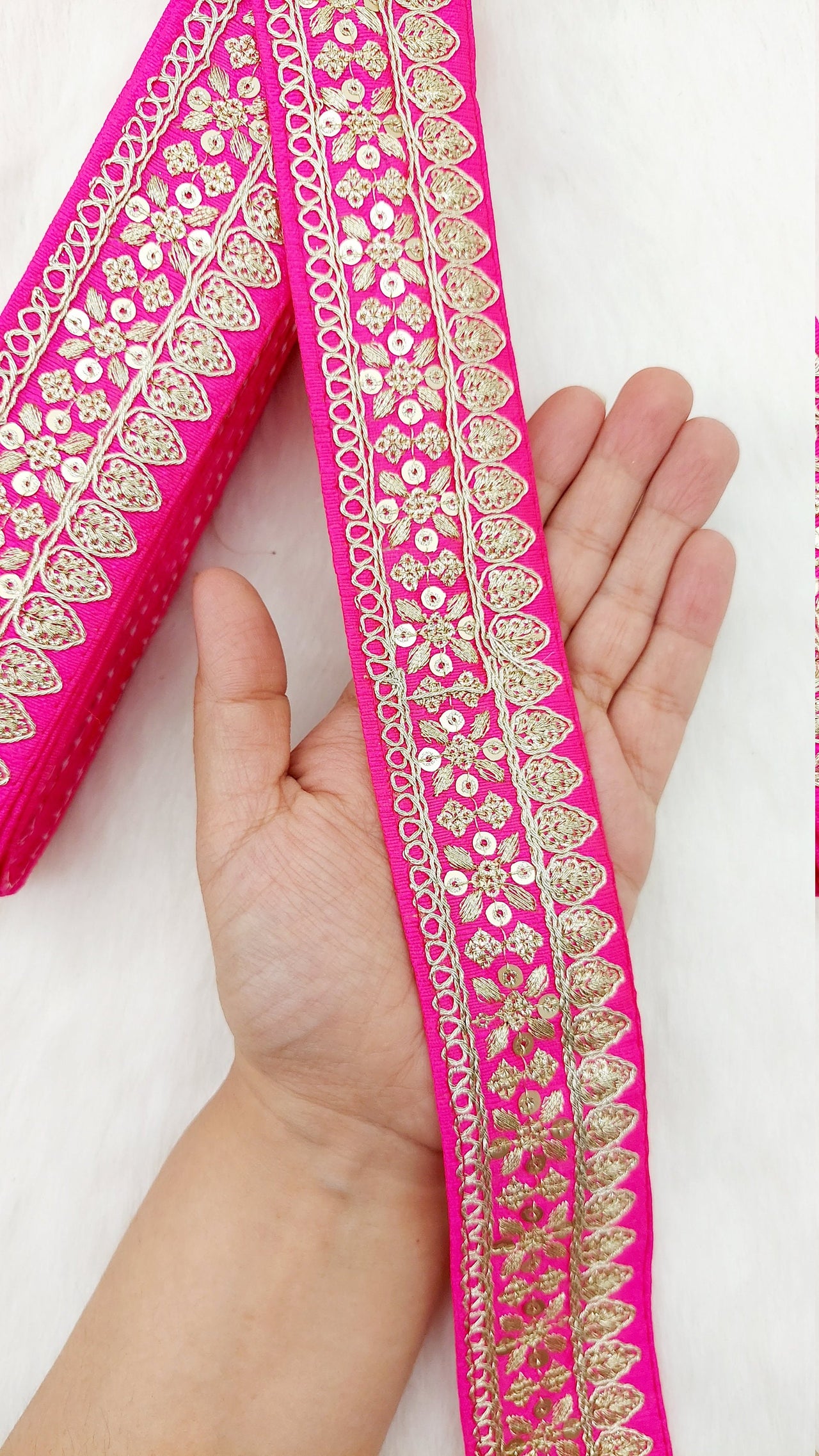 Fuchsia Pink Art Silk Fabric Trim With Gold Floral Embroidery, Floral Sequins Sari Border, Trim By 9 Yards
