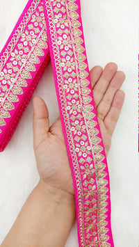 Thumbnail for Fuchsia Pink Art Silk Fabric Trim With Gold Floral Embroidery, Floral Sequins Sari Border, Trim By 9 Yards