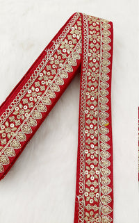 Thumbnail for Maroon Red Art Silk Fabric Trim With Gold Floral Embroidery, Floral Sequins Sari Border, Trim By 9 Yards