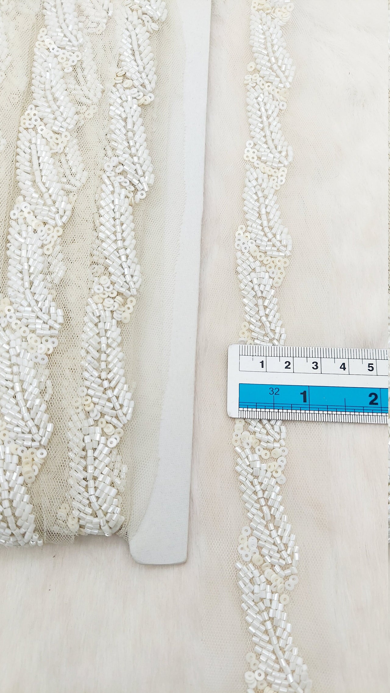 White Net Bridal Trim In White Beaded Leaf Embroidery, Hand Embroidered Bead Lace, Floral Embroidered Trim