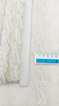Thumbnail for White Net Bridal Trim In White Beaded Leaf Embroidery, Hand Embroidered Bead Lace, Floral Embroidered Trim