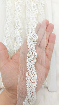 Thumbnail for White Net Bridal Trim In White Beaded Leaf Embroidery, Hand Embroidered Bead Lace, Floral Embroidered Trim