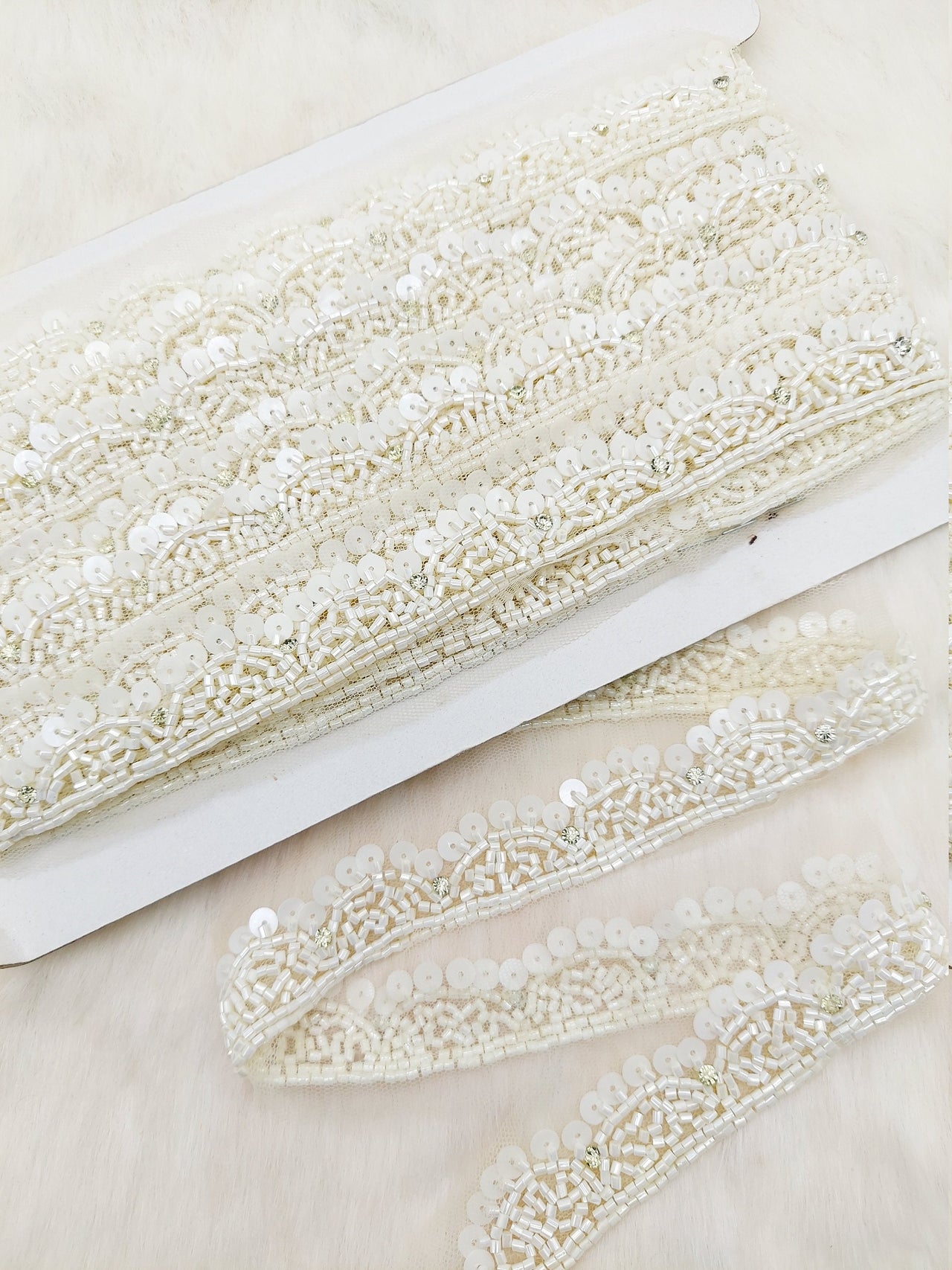 White Net Bridal Trim In White Beaded Embroidery, Hand Embroidered Bead Lace, Embroidered Lace