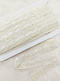 Thumbnail for White Net Bridal Trim In White Beaded Embroidery, Hand Embroidered Bead Lace, Embroidered Lace