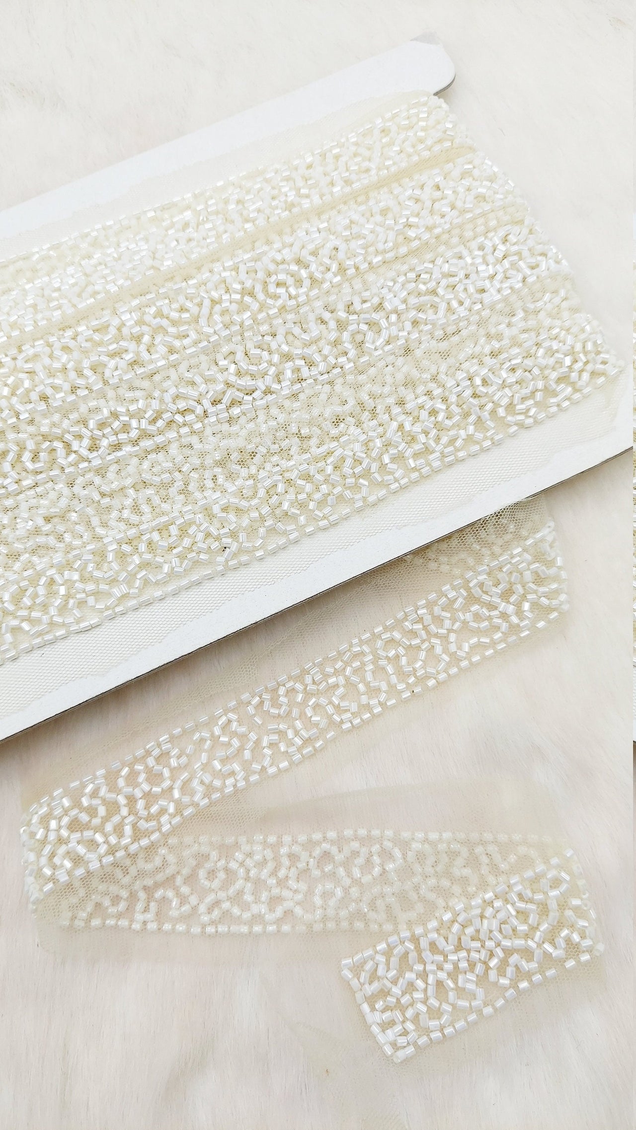 White Wedding Net Bridal Trim In White Beaded Embroidery, Hand Embroidered Bead Lace, Embroidered Lace