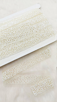 Thumbnail for White Wedding Net Bridal Trim In White Beaded Embroidery, Hand Embroidered Bead Lace, Embroidered Lace