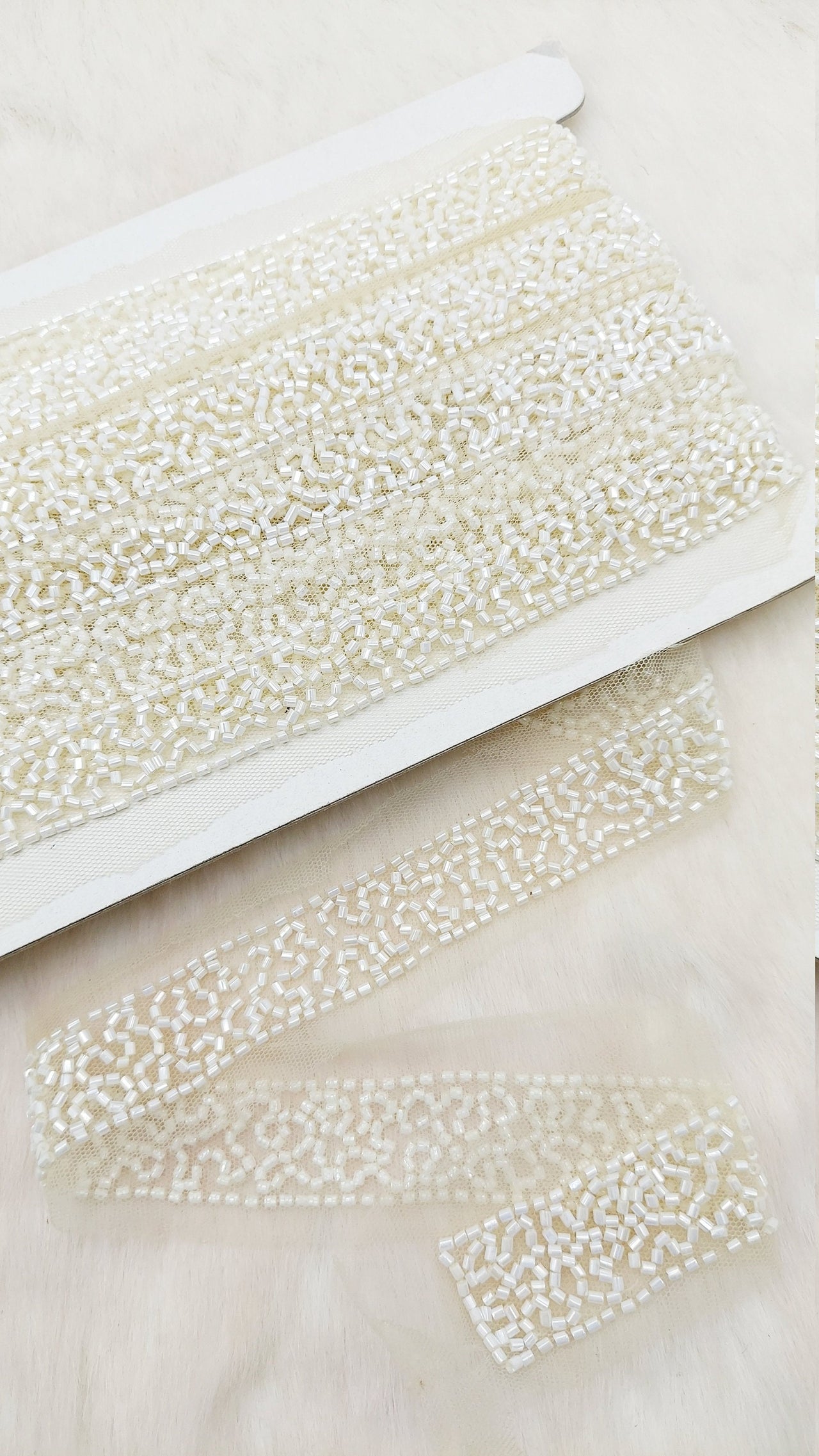 White Wedding Net Bridal Trim In White Beaded Embroidery, Hand Embroidered Bead Lace, Embroidered Lace