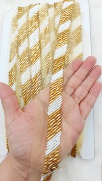 Thumbnail for Beige Net Bridal Trim In Gold And White Beaded Embroidery, Hand Embroidered Bead Lace, Embroidered Lace