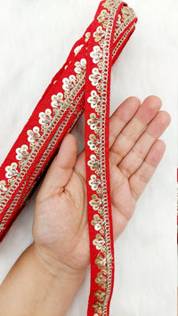 Thumbnail for Art Silk Trim with Gold Embroidery and Sequins Indian Sari Border Trim By 3 Yards Decorative Trim Craft Lace