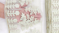 Thumbnail for 9 Yards Green Net Lace Trim Floral Embroidery and Gold Sequins, Floral Sari Border, Decorative Trim