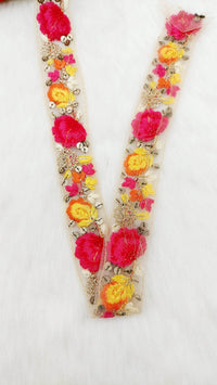 Thumbnail for 9 Yards Pink and Yellow Soft Net Lace Trim Floral Embroidery and Gold Sequins, Floral Sari Border, Decorative Trim
