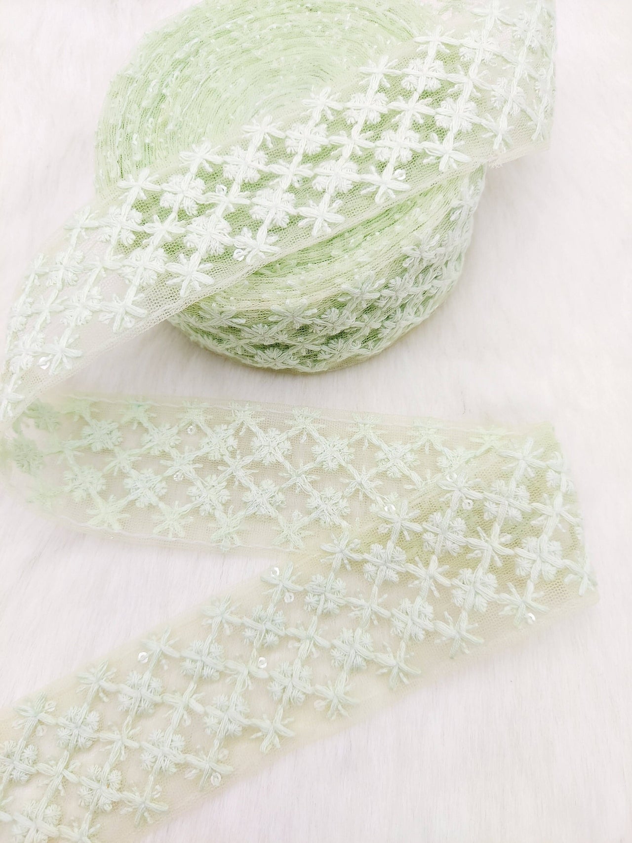 9 Yards Soft Net Lace Floral Embroidery and Sequins, Sari Border, Decorative Trim