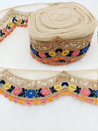 Thumbnail for 9 Yards Scallop Sequin Floral Border, Beige Shimmer Tissue Fabric Lace Trim Flowers Embroidery, Floral Sari Trimming