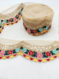 Thumbnail for 9 Yards Scallop Sequin Floral Border, Beige Shimmer Tissue Fabric Lace Trim Flowers Embroidery, Floral Sari Trimming