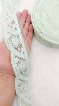 Thumbnail for Scallop Net Fabric Lace Trim Floral Embroidery and White Sequins, Floral Sari Border, Decorative Trim