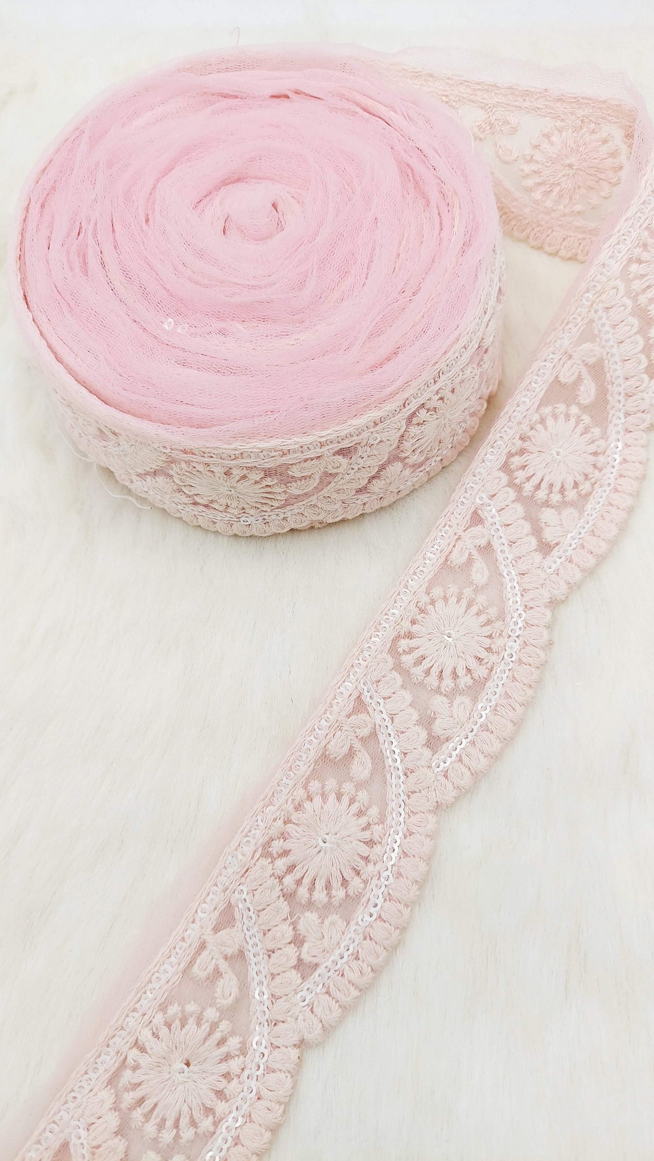 Scallop Net Fabric Lace Trim Floral Embroidery and White Sequins, Floral Sari Border, Decorative Trim