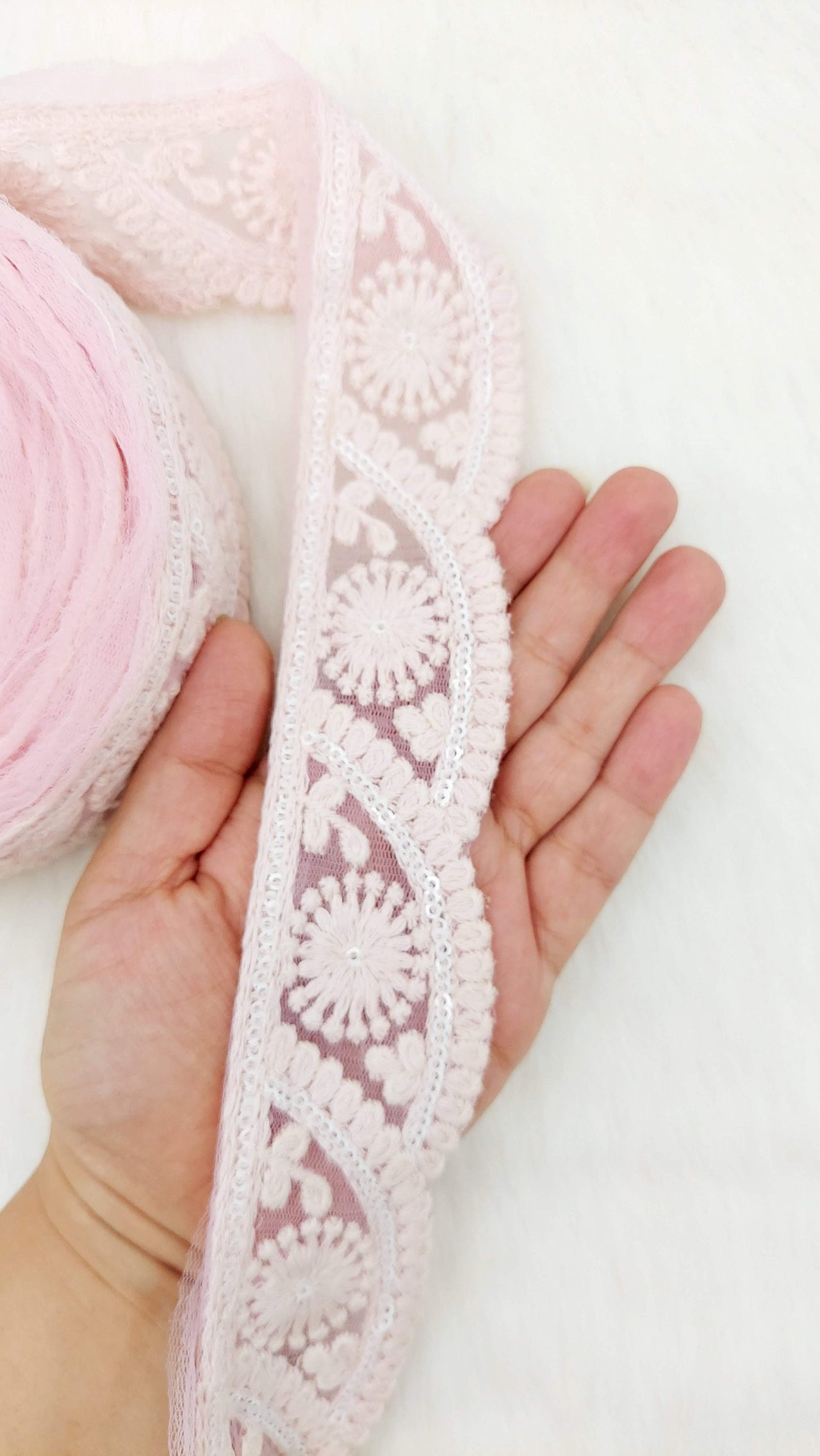 Scallop Net Fabric Lace Trim Floral Embroidery and White Sequins, Floral Sari Border, Decorative Trim