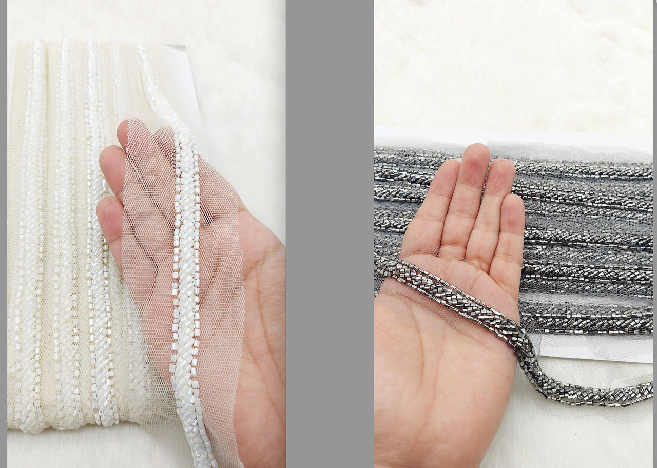 Net Lace In Beaded Embroidery, Hand Embroidered Bead Lace, Beaded Wedding Lace