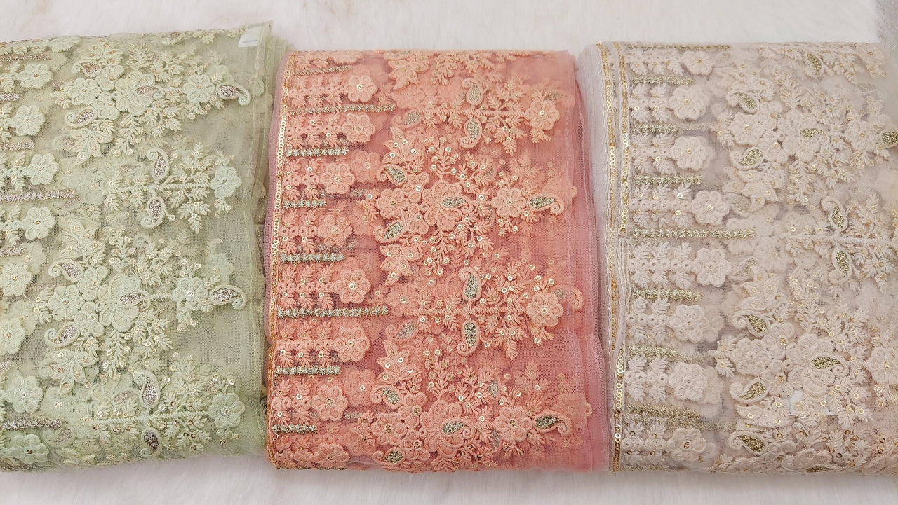 9 Yards Off White Net Lace Trim Floral Embroidery and Gold Sequins, Floral Sari Border, Decorative Trim
