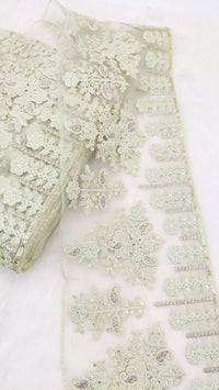 Thumbnail for 9 Yards Green Net Lace Trim Floral Embroidery and Gold Sequins, Floral Sari Border, Decorative Trim