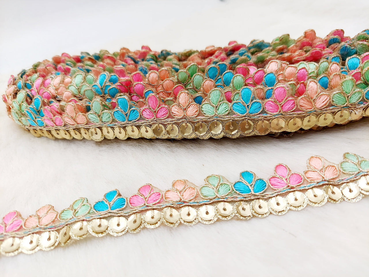 Gold Sequins Floral Embroidery Tissue Fabric Scallop, Cutwork Lace Trim, Decorative Trim