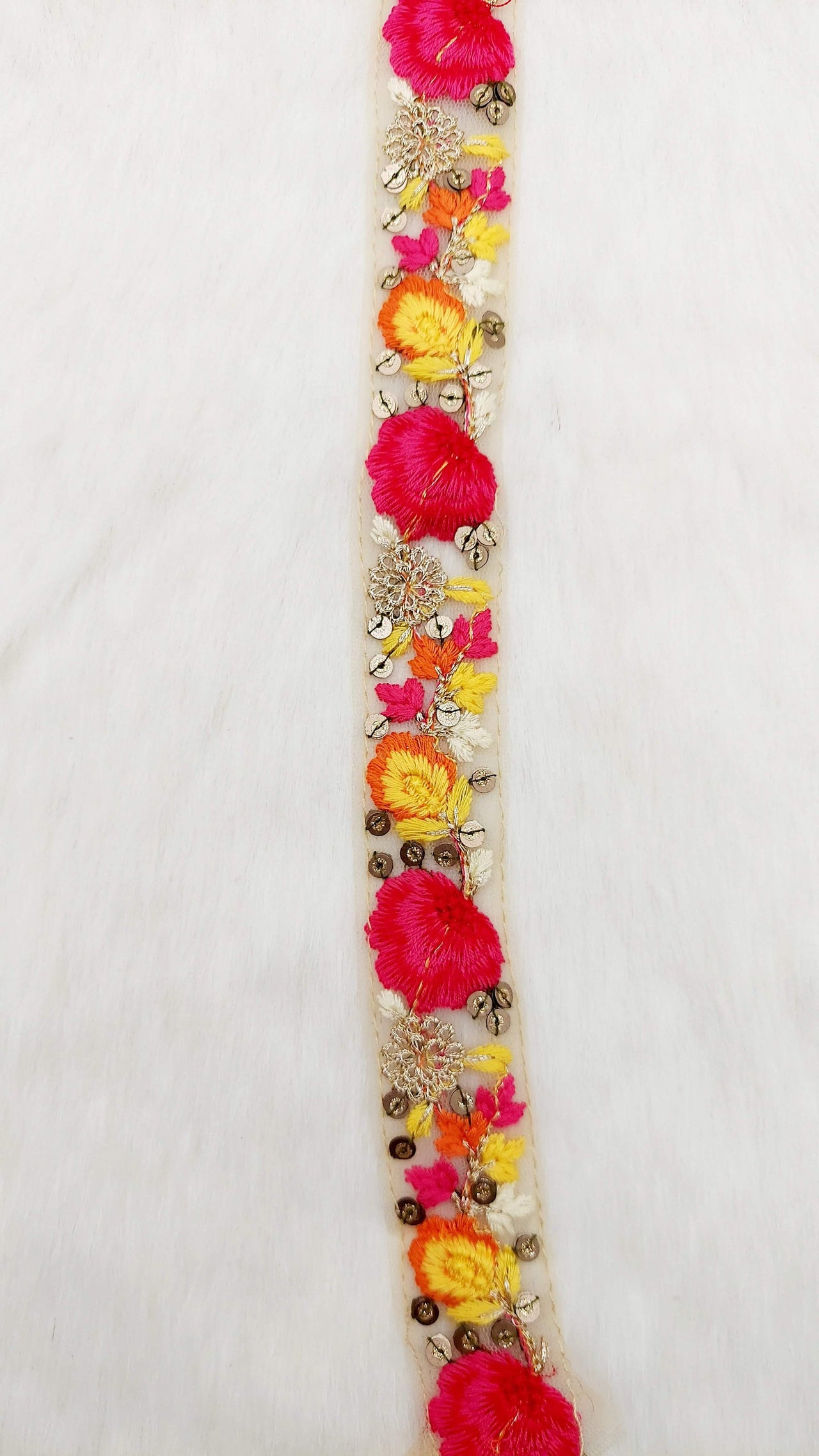 9 Yards Pink and Yellow Soft Net Lace Trim Floral Embroidery and Gold Sequins, Floral Sari Border, Decorative Trim