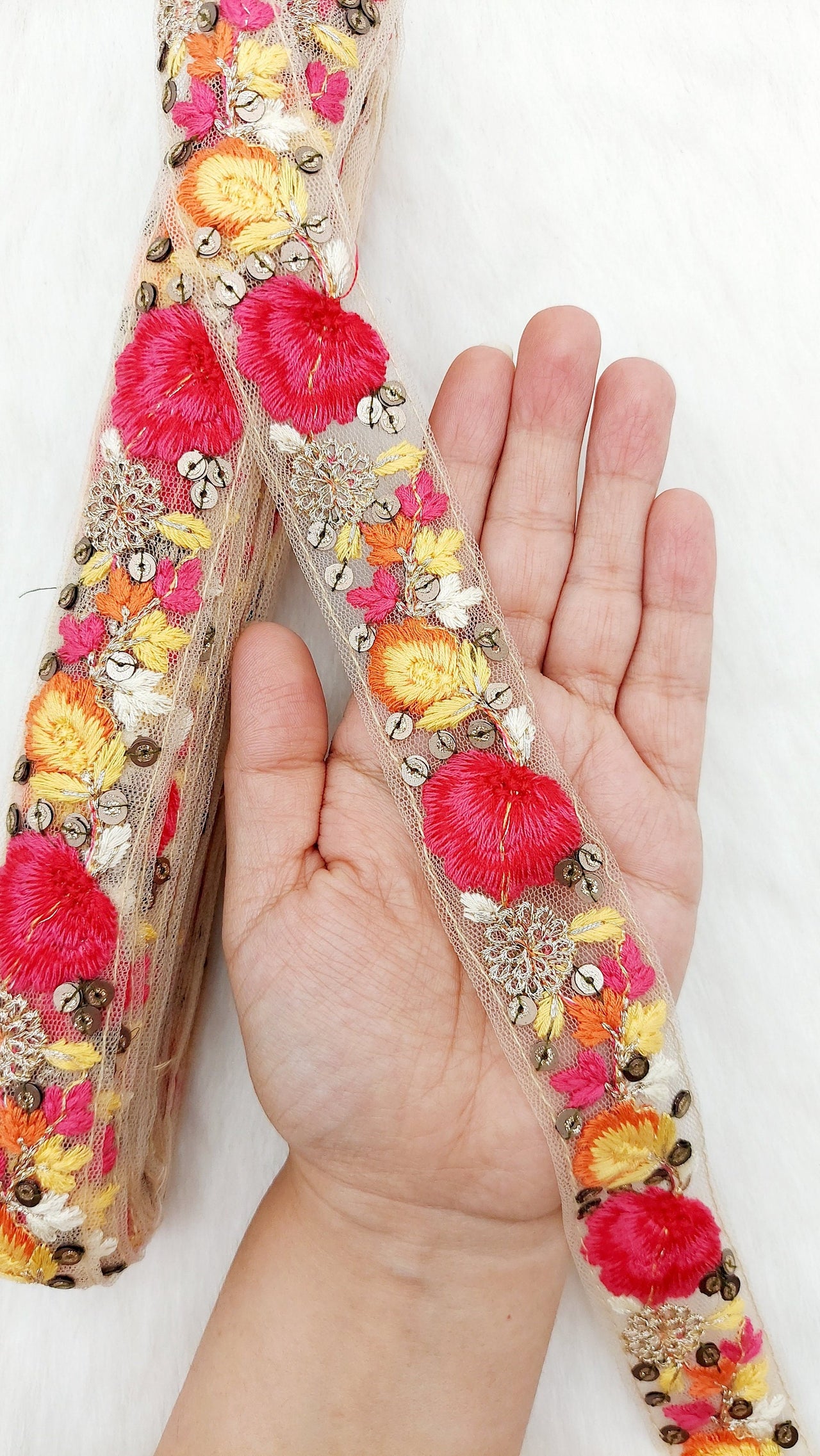 9 Yards Pink and Yellow Soft Net Lace Trim Floral Embroidery and Gold Sequins, Floral Sari Border, Decorative Trim