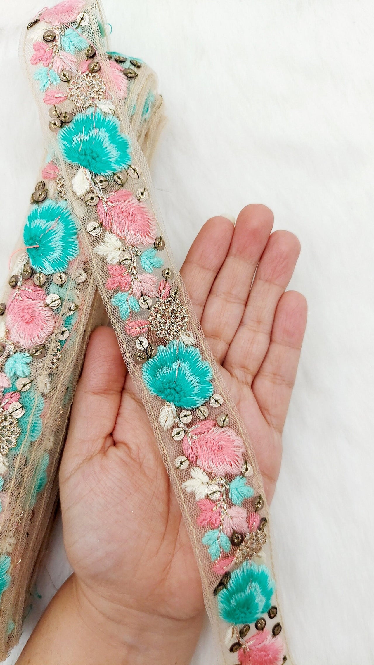 9 Yards Blue and Pink Soft Net Lace Trim Floral Embroidery and Gold Sequins, Floral Sari Border, Decorative Trim