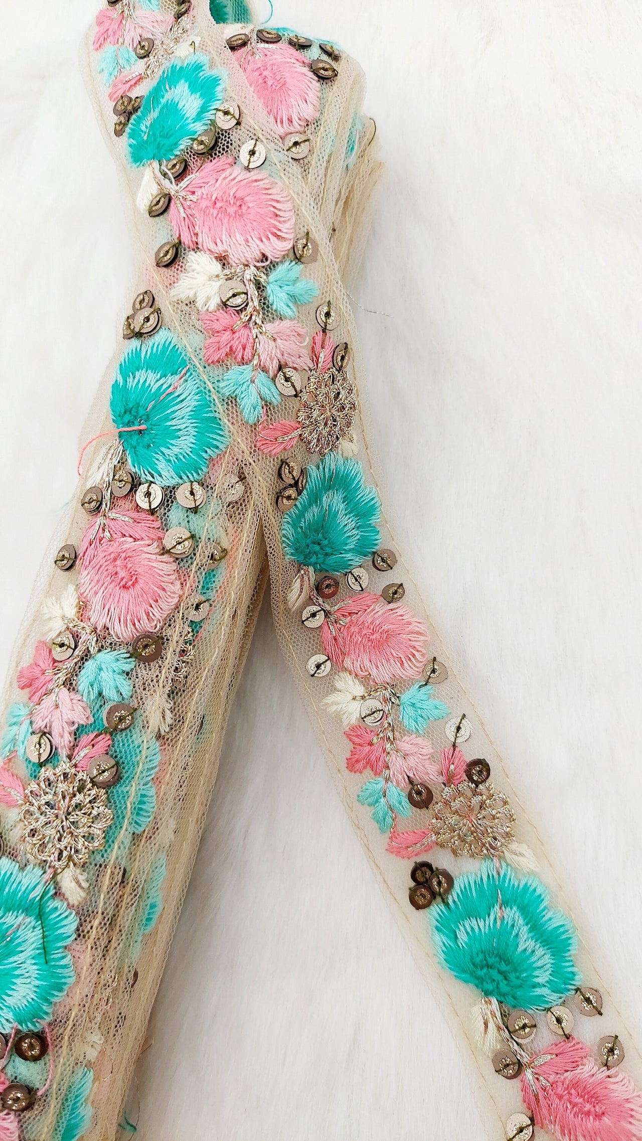 9 Yards Blue and Pink Soft Net Lace Trim Floral Embroidery and Gold Sequins, Floral Sari Border, Decorative Trim
