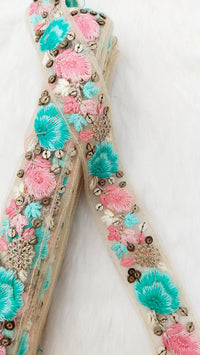 Thumbnail for 9 Yards Blue and Pink Soft Net Lace Trim Floral Embroidery and Gold Sequins, Floral Sari Border, Decorative Trim
