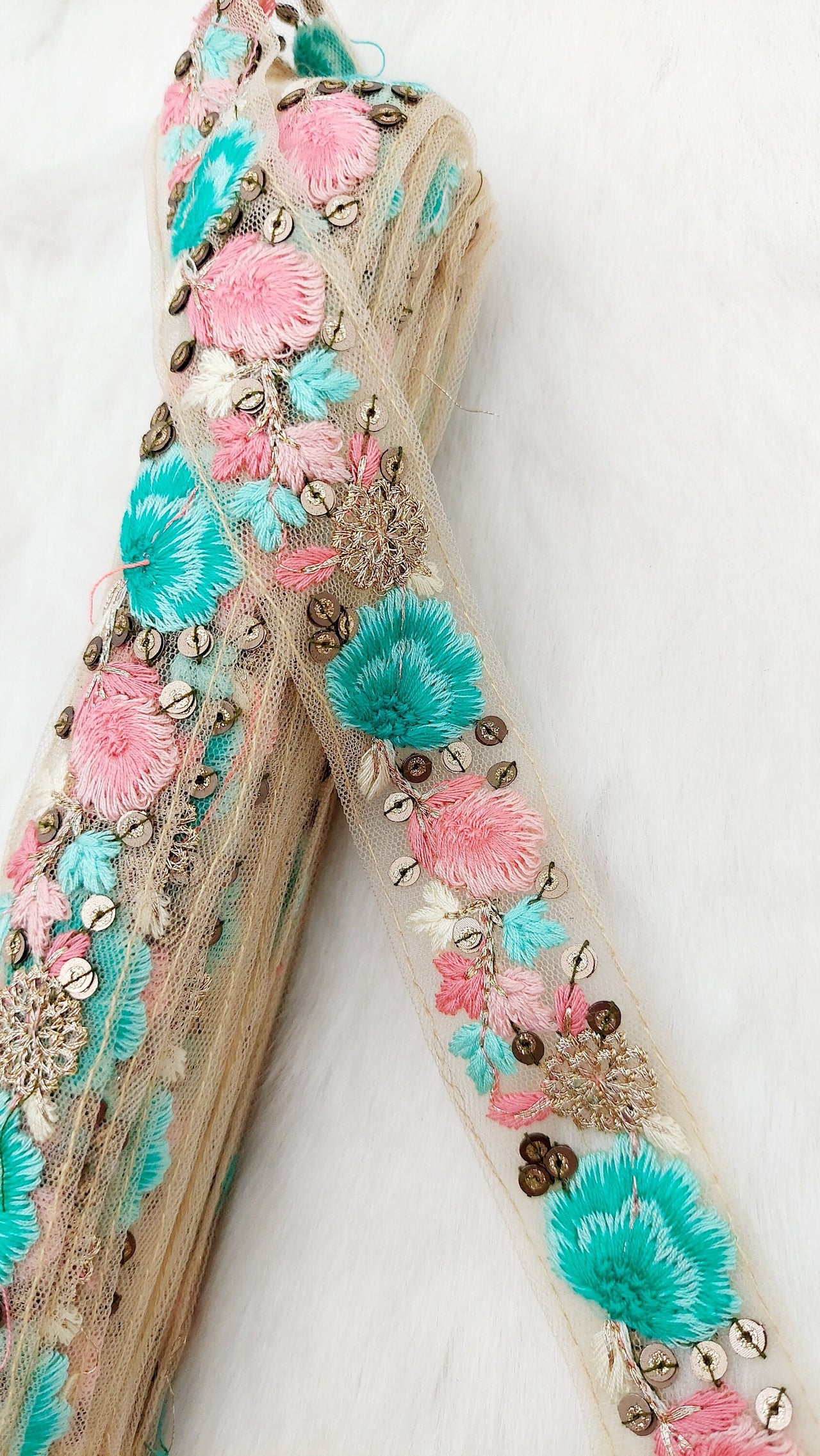 9 Yards Blue and Pink Soft Net Lace Trim Floral Embroidery and Gold Sequins, Floral Sari Border, Decorative Trim