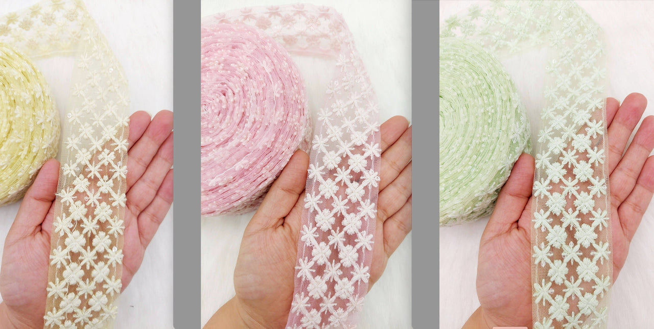 9 Yards Soft Net Lace Floral Embroidery and Sequins, Sari Border, Decorative Trim