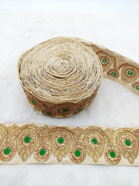 Thumbnail for Beige Silk Fabric Trim, Gold Floral Embroidery Indian Sari Border Trim By Yard Decorative Trim Craft Lace