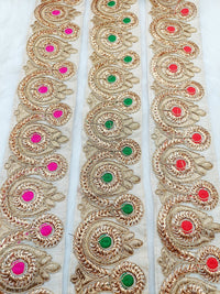 Thumbnail for Beige Silk Fabric Trim, Gold Floral Embroidery Indian Sari Border Trim By Yard Decorative Trim Craft Lace