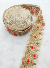 Thumbnail for Beige Silk Fabric Trim, Gold Floral Embroidery Indian Sari Border Trim By Yard Decorative Trim Craft Lace