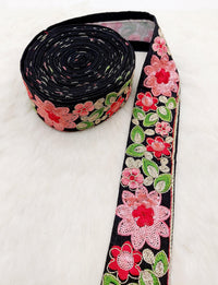 Thumbnail for Black Silk Fabric Embroidered Trim, Floral Embroidery Indian Sari Border Trim By Yard Decorative Trim Craft Lace, Sequins Trim