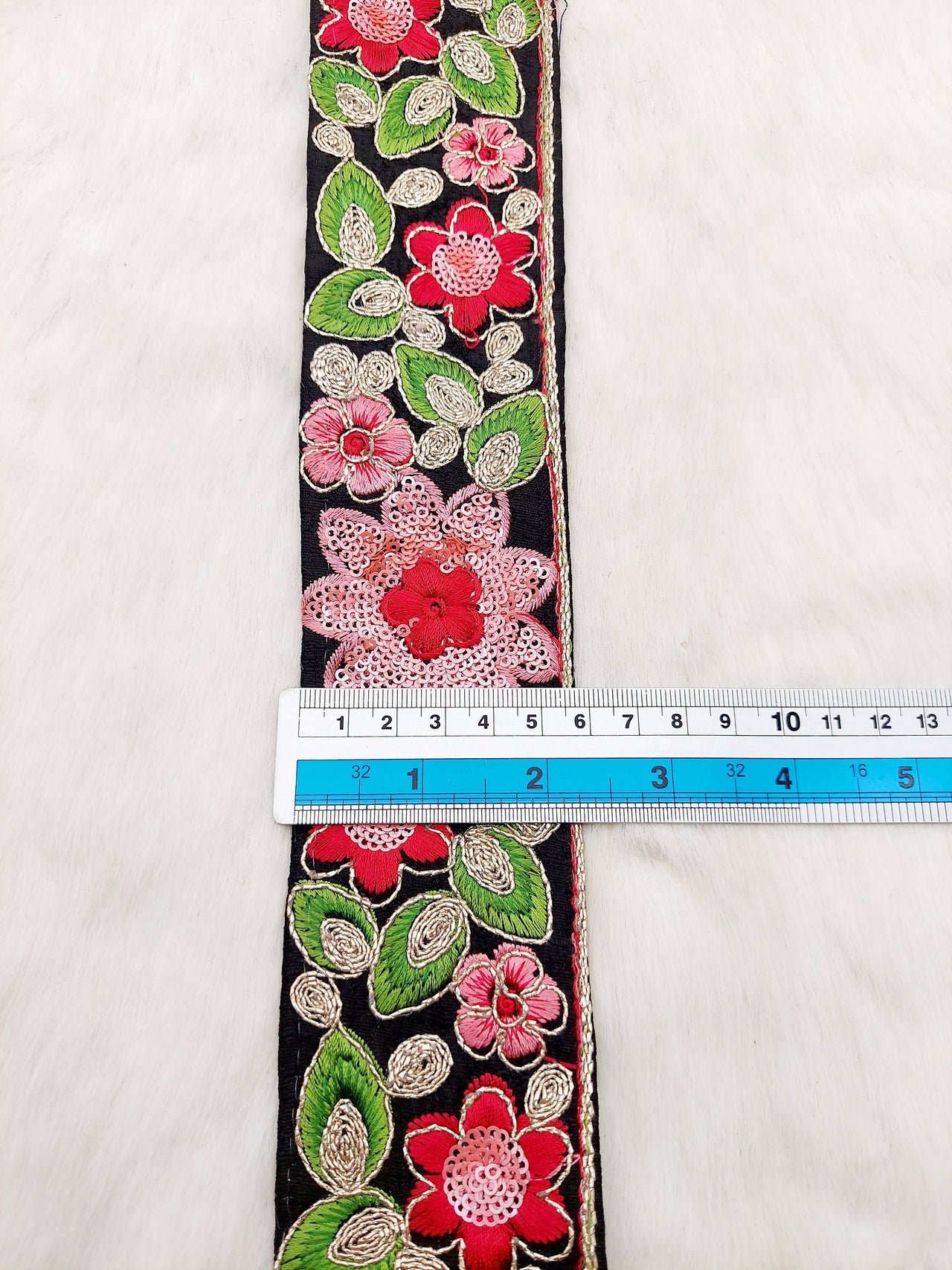 Black Silk Fabric Embroidered Trim, Floral Embroidery Indian Sari Border Trim By Yard Decorative Trim Craft Lace, Sequins Trim