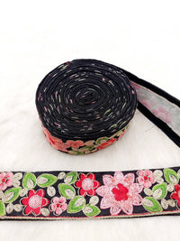Thumbnail for Black Silk Fabric Embroidered Trim, Floral Embroidery Indian Sari Border Trim By Yard Decorative Trim Craft Lace, Sequins Trim