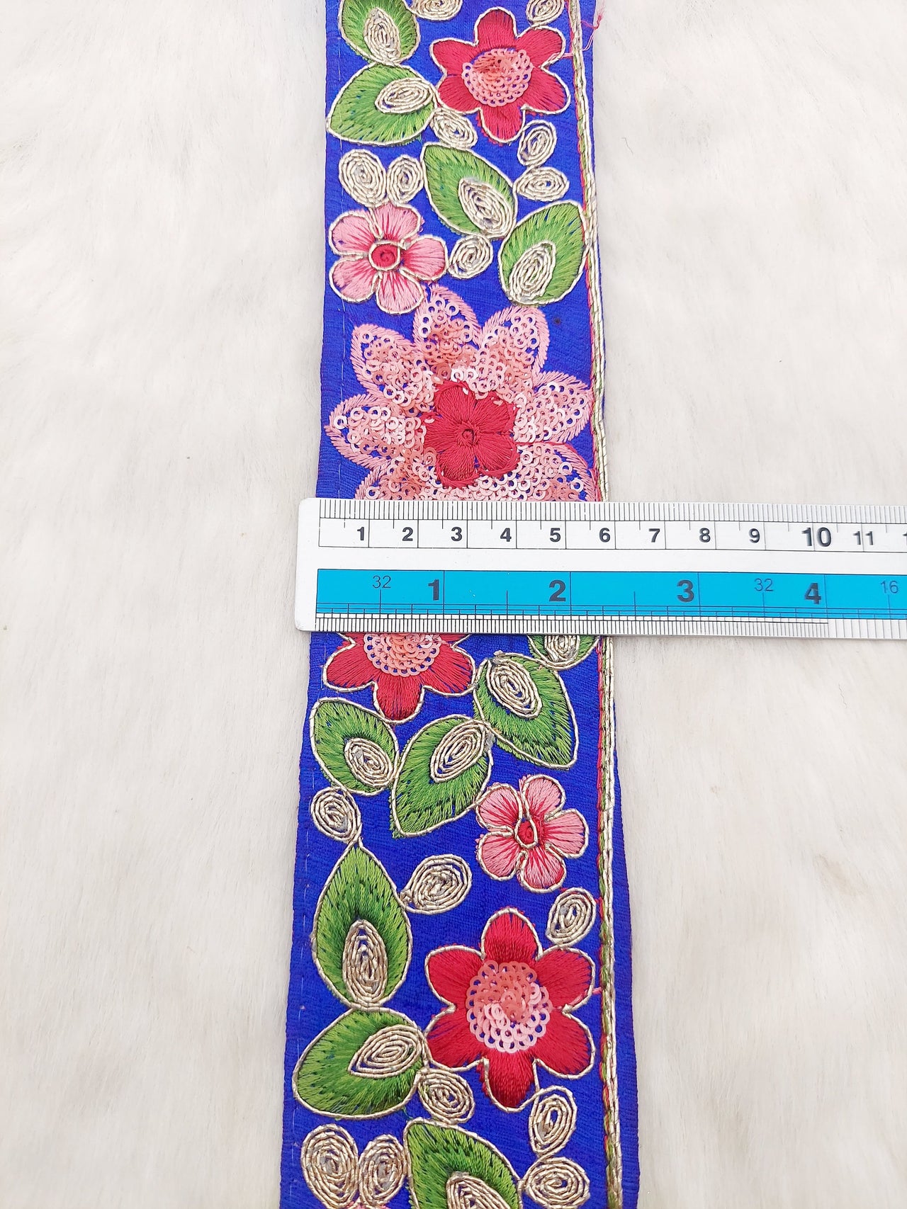 Blue Silk Fabric Embroidered Trim, Floral Embroidery Indian Sari Border Trim By Yard Decorative Trim Craft Lace, Sequins Trim